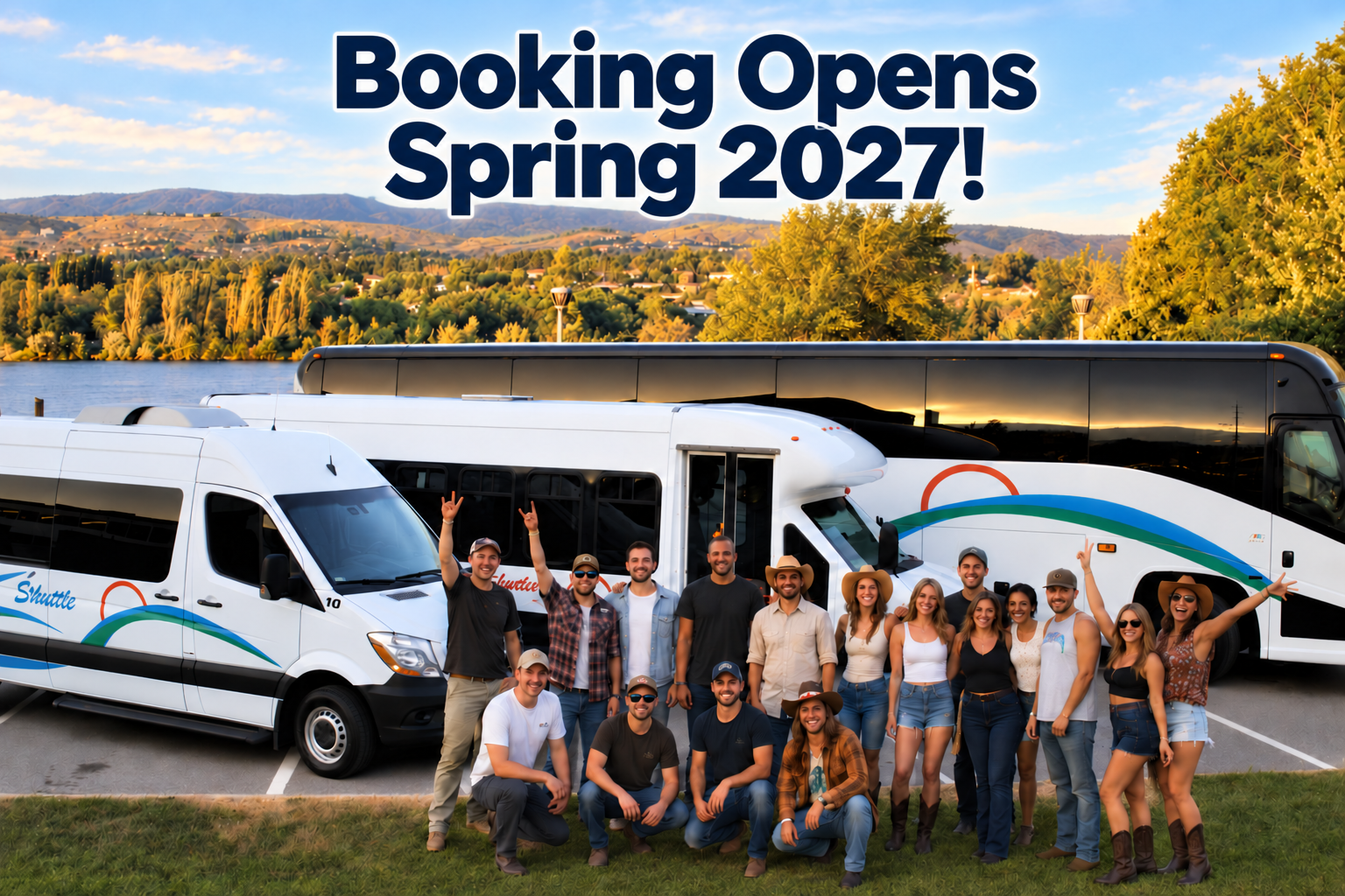 Booking Opens Spring 2027! Wenatchee Valley Shuttle riders and shuttles by the Columbia River